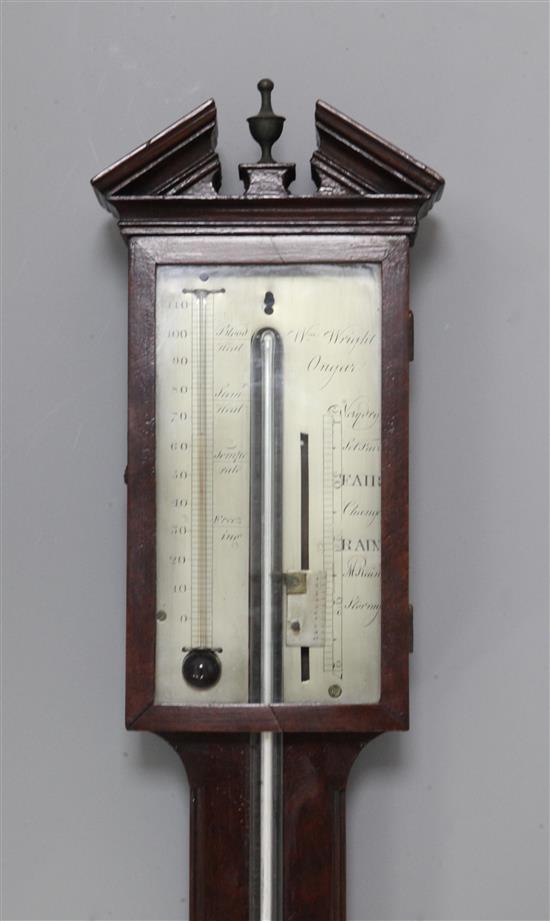 An early 19th century mahogany stick barometer, by William Wright of Ongar, 3ft 2in.